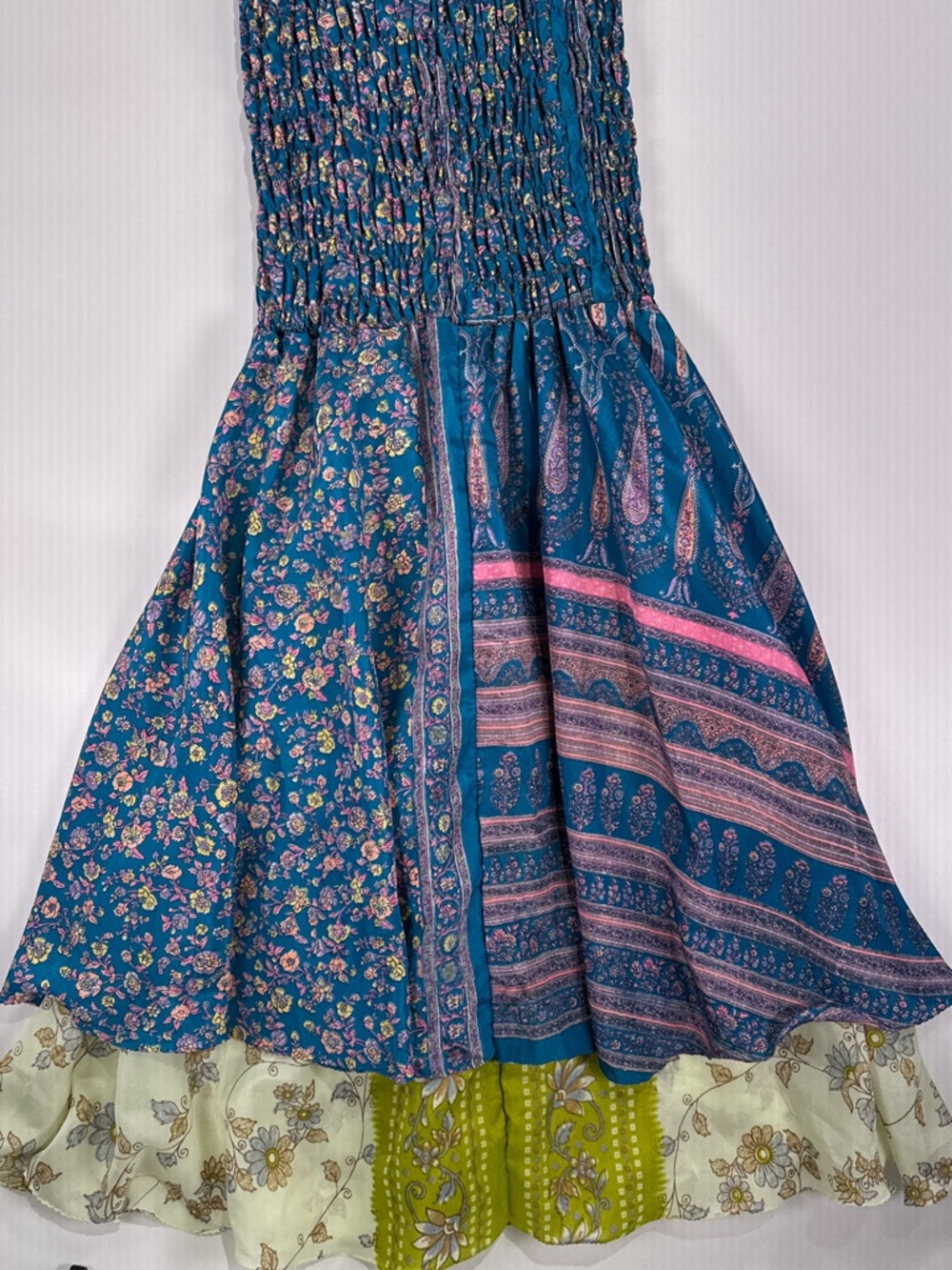 Fairycore Boho Smocked Tiered Maxi Dress Mixed Floral Silk Teal OS - Picture 5 of 12